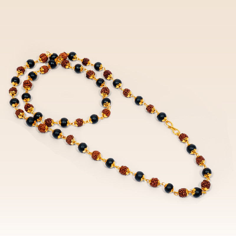 Sacred Ebony Wood & Rudraksha Mala with Gold-Toned Links