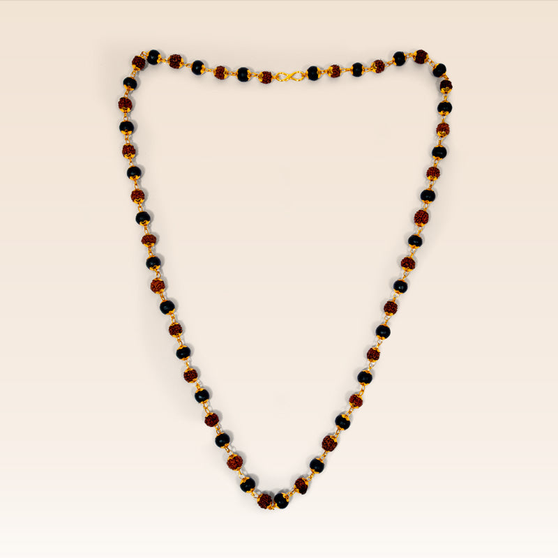 Sacred Ebony Wood & Rudraksha Mala with Gold-Toned Links