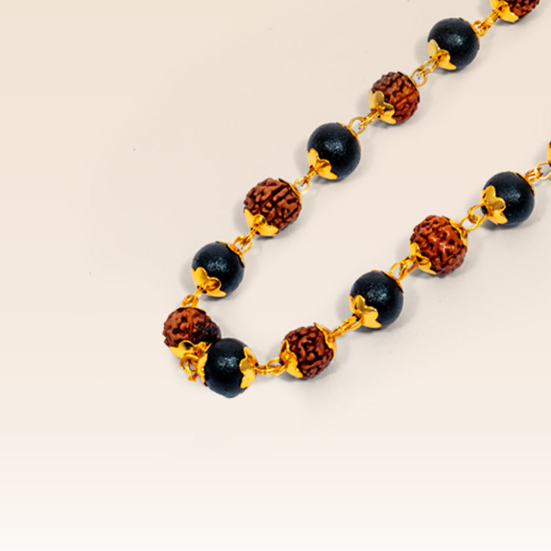 Sacred Ebony Wood & Rudraksha Mala with Gold-Toned Links